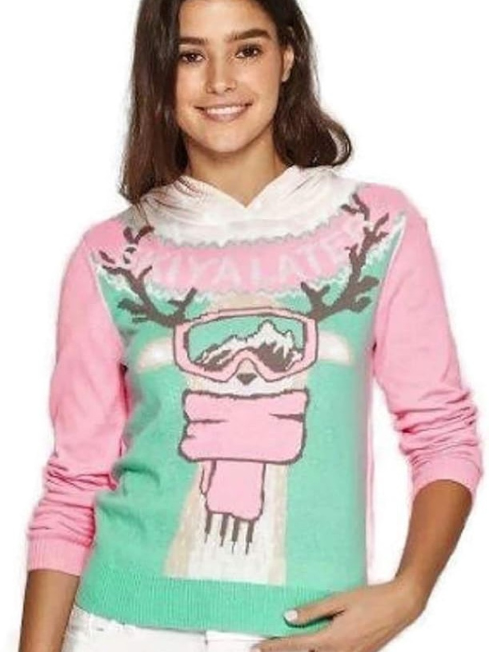 Well Worn Pink & Mint Reindeer Ski Hoodie Sweater